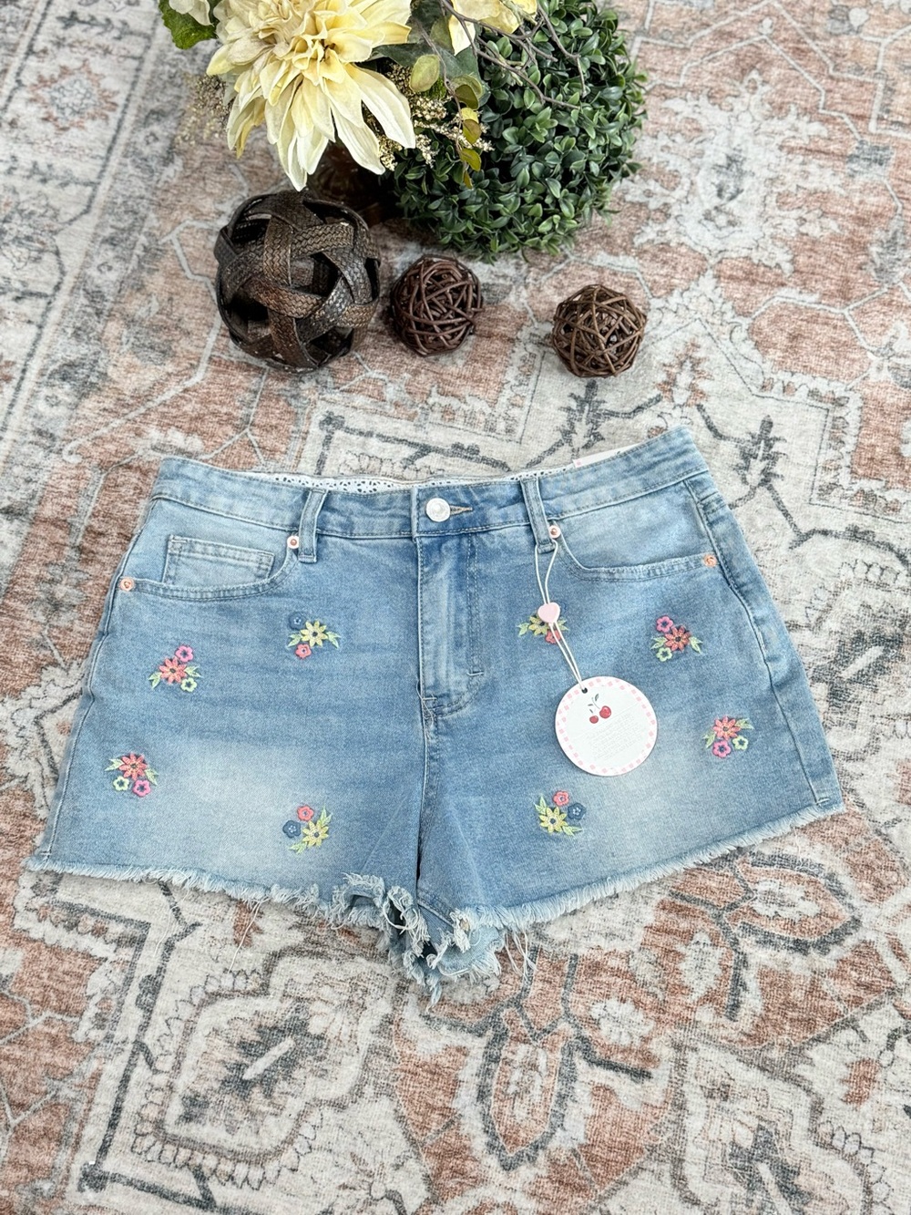 Embroidered Light Blue Denim Jean Shorts with Frayed Hem